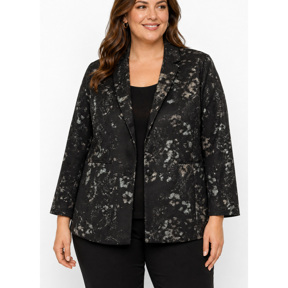 Chicos Womens Size 3 Blazer Black Silver Metallic Jacket Hook Eye Classic Gala